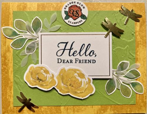 Hello-Extra-embossing folder and curry stamped base, and gold dragonflies 