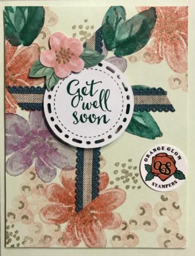 Get Well-on cross ribbon, sea foam base, purples, pinks, greens, gold, calypso.  Use the stamps!  This one went out to a family member already!