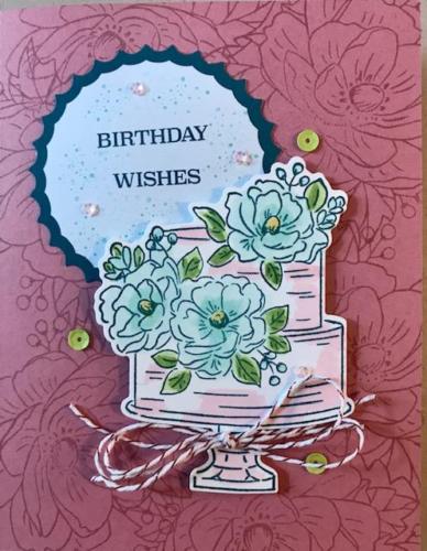 SAB Happy Birthday to You stamp set with leftover Feb 2020 pumpkin pieces.  Blends, twine, and bling, plus Stella!