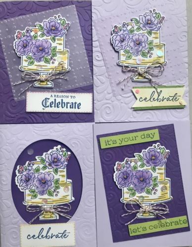 Medley of purple birthday cake cards with vellulm.  Love the colors!