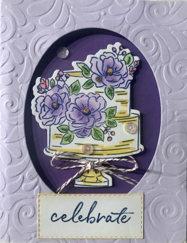 Embossed cut out piece used as a  card-interior heather and cake on dimensional strips!