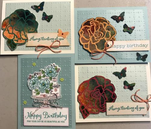 Rose and cake vellum, brusho, embossed cards