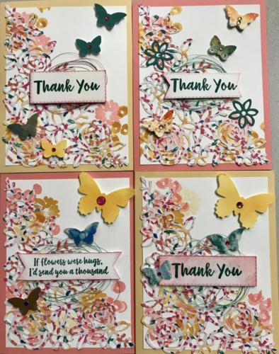 Medley of thank you cards using different color bases and die cuts from Abstract Impressions set and Spring Impressions dies.  Add your bling-rhinestones, stella, metallic thread and pop it all up!