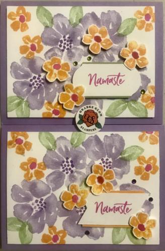 Namaste cards using purple, mango, green, bling and popped up sentiment.