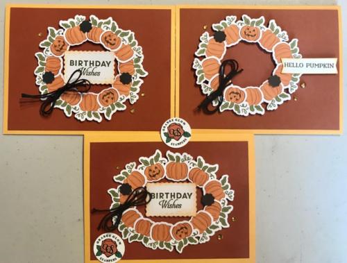 Medley of pumpkin wreaths using leftover kit pieces.