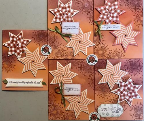 Medley of double stars using pumpkin and mango, white and razzleberry ink.