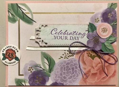 Birthday card-love the posies.  Purples and pinks, layers and ribbon.