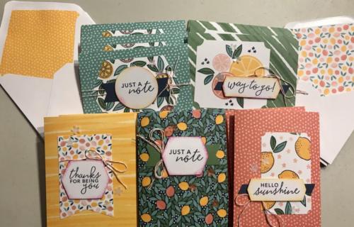 5 cards 3 of each. All bold and beautiful.  Easy to assemble.  A great kit!  Mango, calypso, garden green, just jade(new),  and navy.